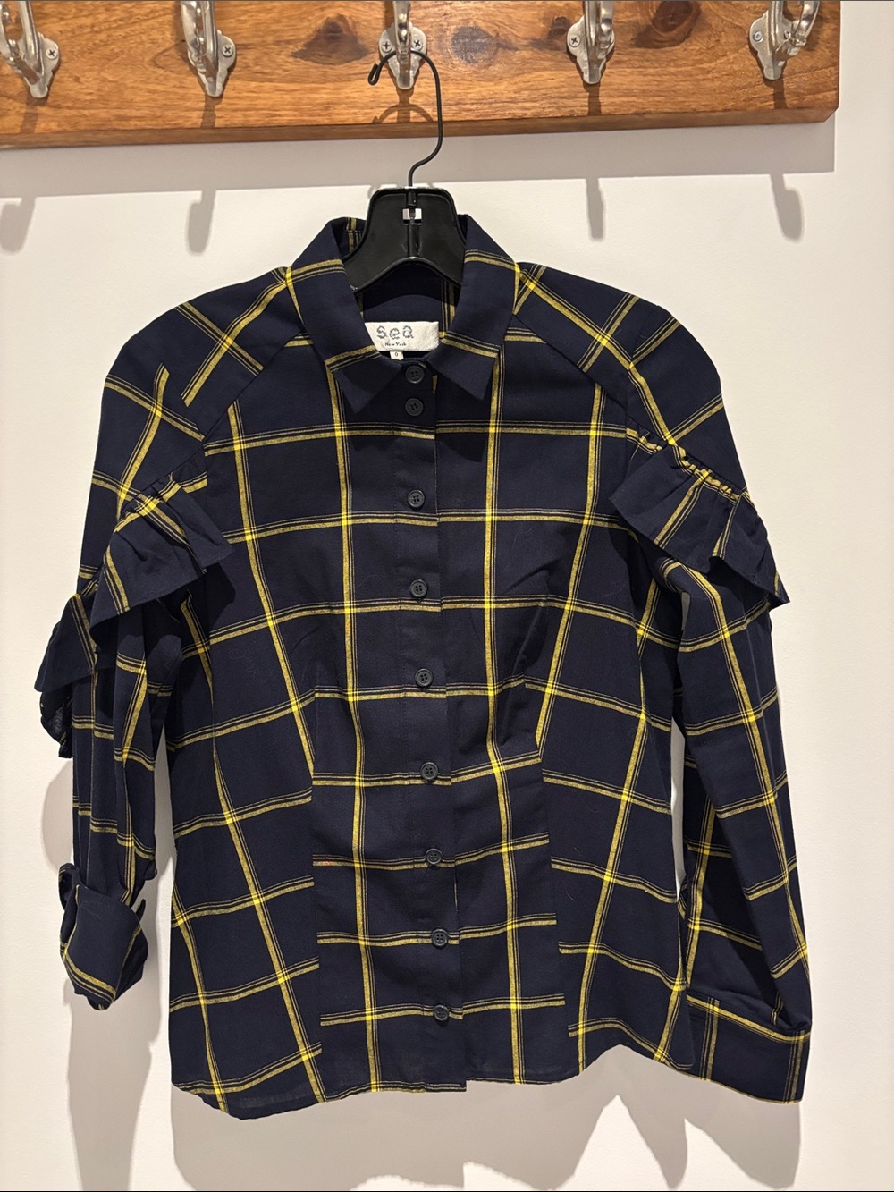 Sea New York Navy and Yellow Plaid Ruffle-Sleeve Button Down Shirt